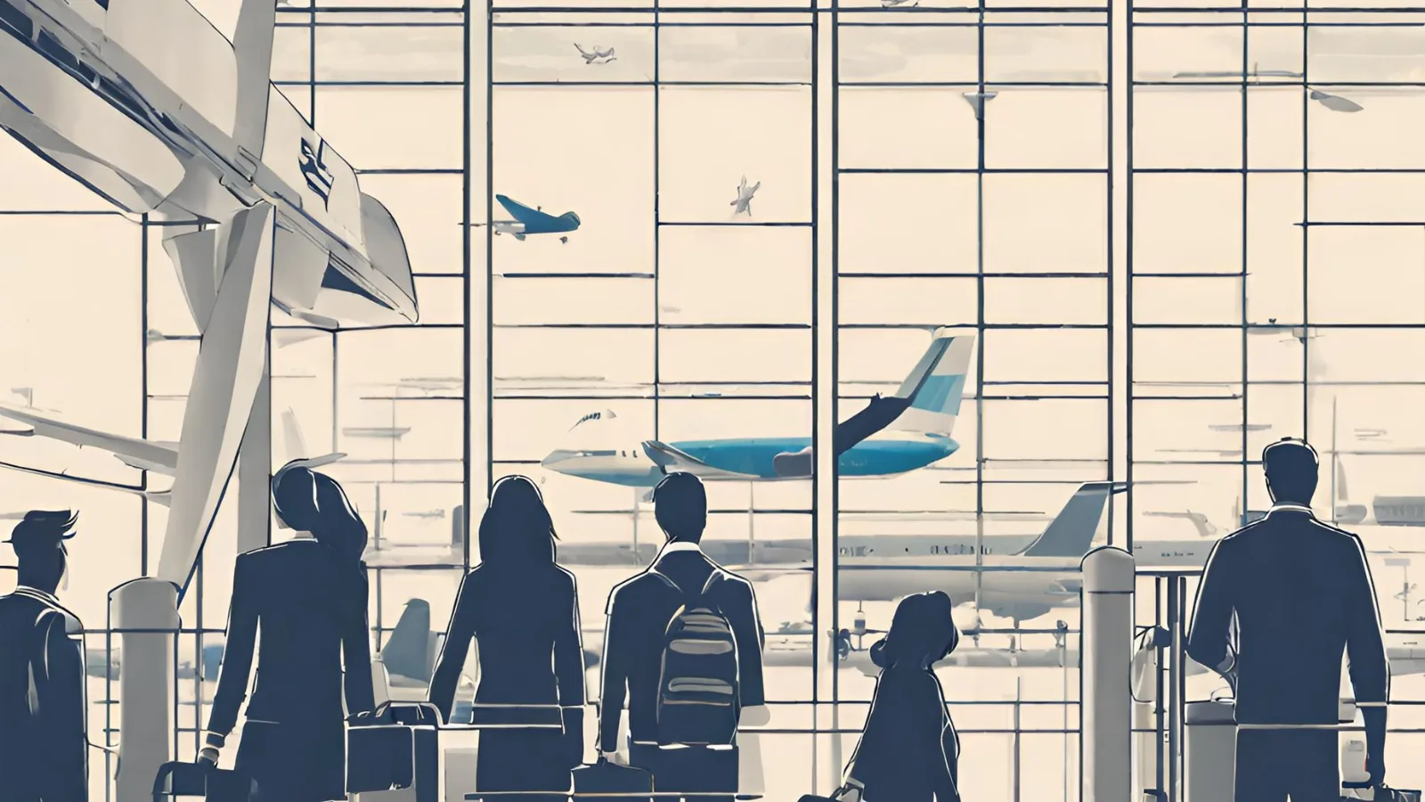 Queue of people watching planes at an airport