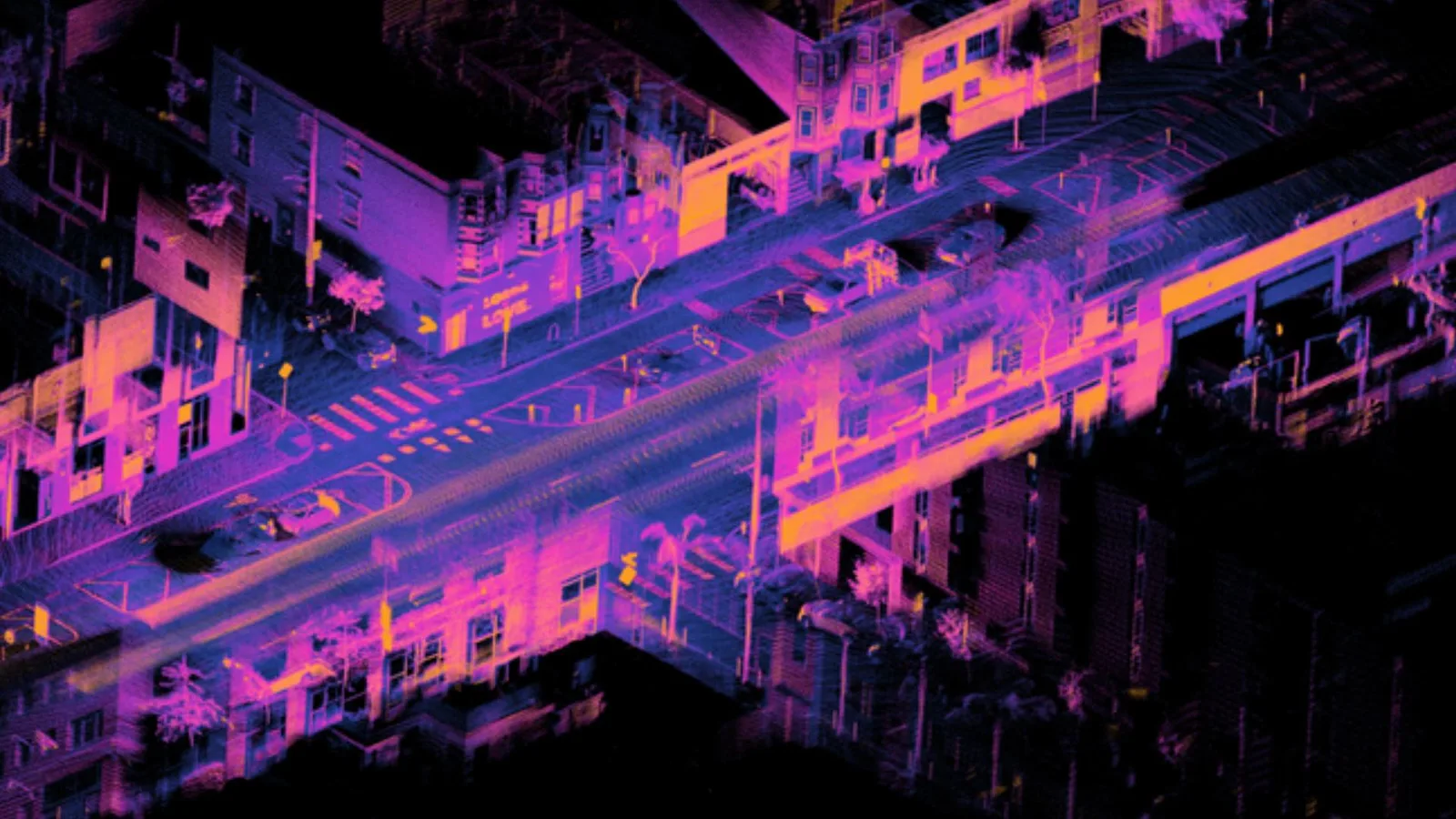 An illuminated urban LiDAR scan exemplifying a 3D map created using Ouster LiDAR OS1.