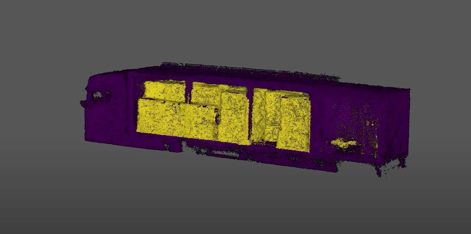 A 3D model of a purple and yellow box, separated from a truck by Outsight's processing software.