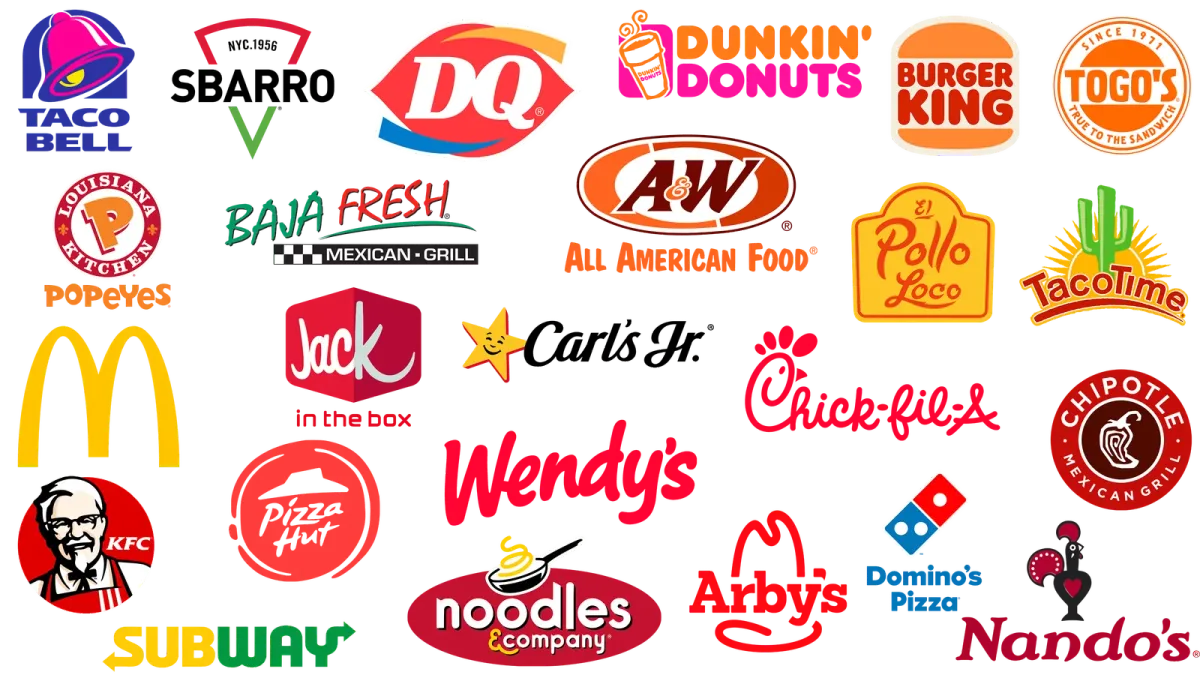 Different brands of Quick service, and fast food, restaurants