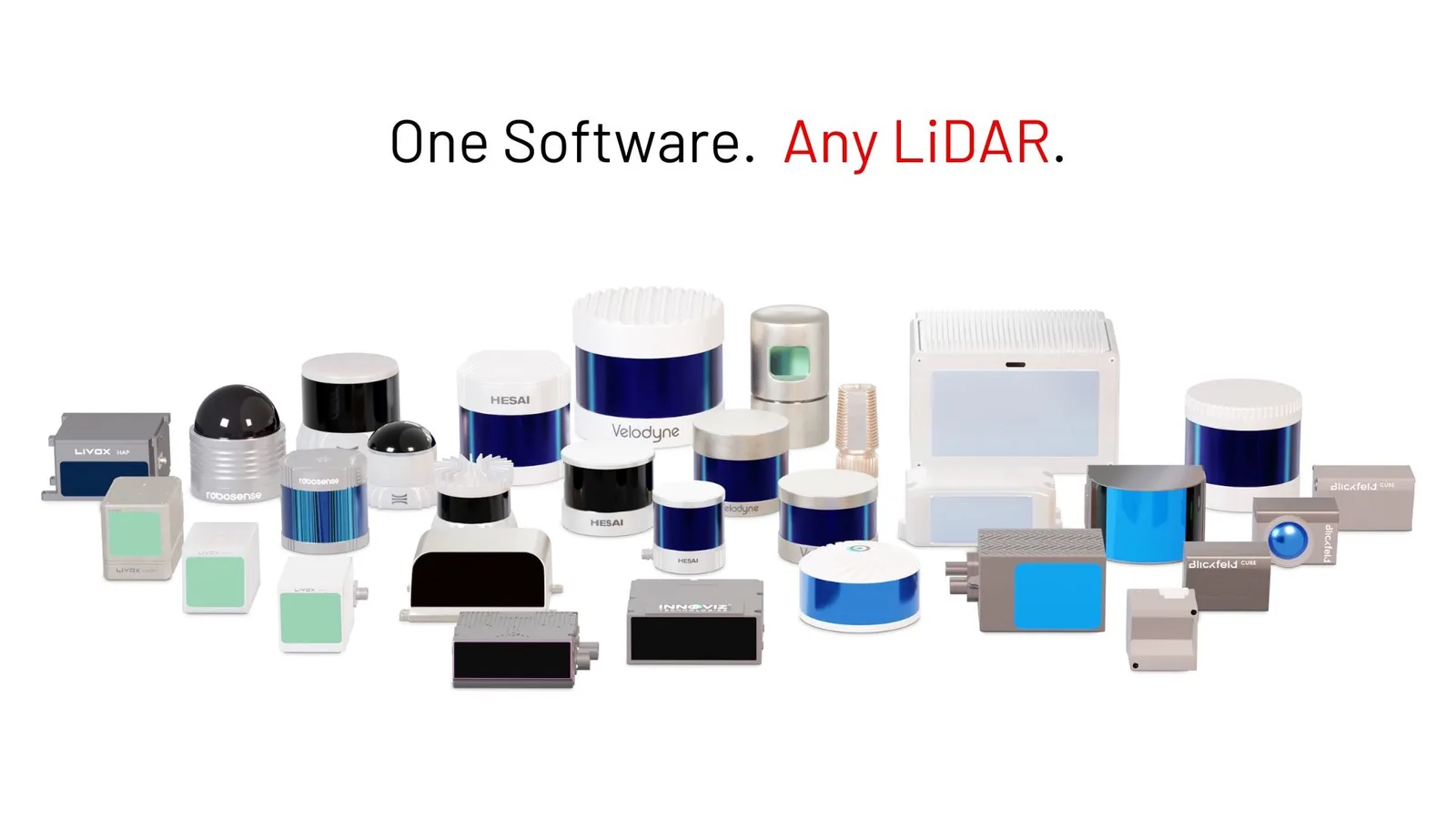 Image of many lidars because Outsight's software works with all lidar sensors