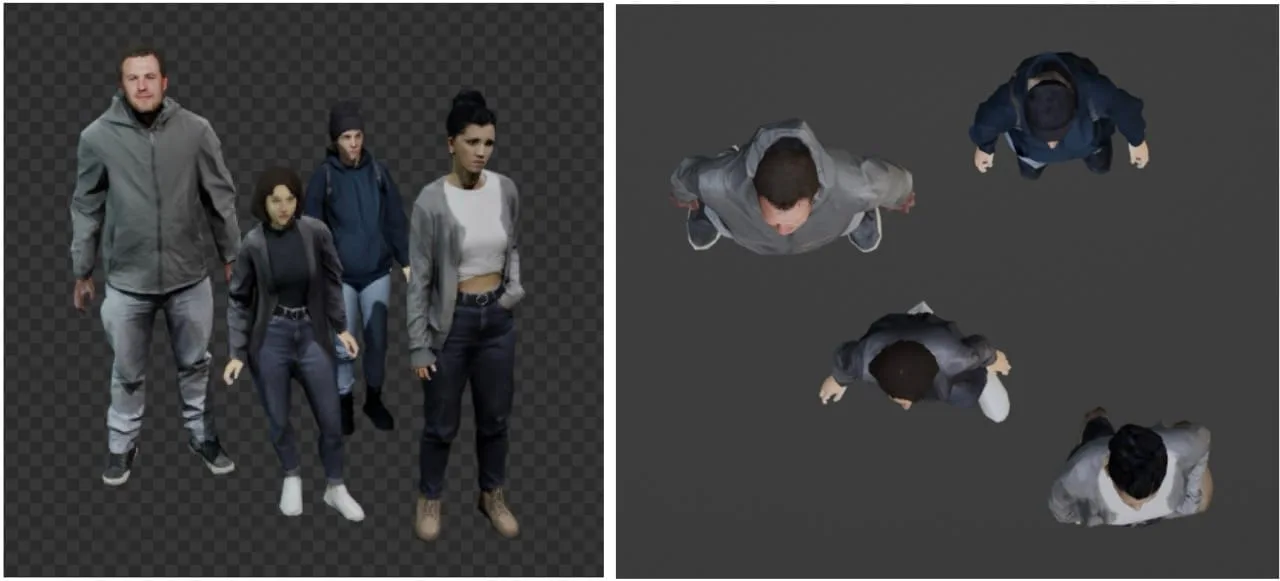 The scene we want to capture, a typical situation in crowded environments. The right part of the image shows a top-view version to better depict the position of each person