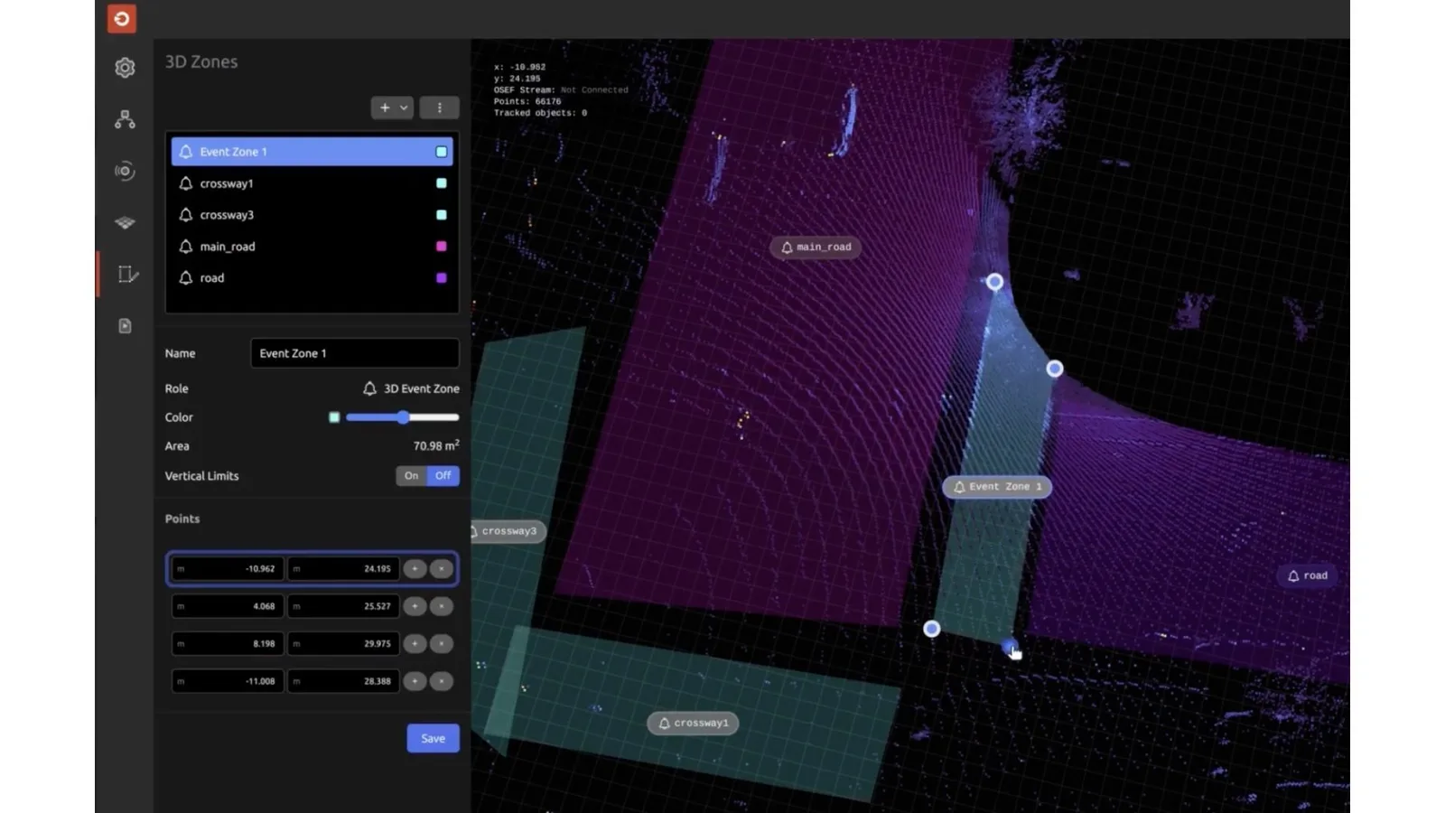 Outsight's lidar software creating zones of interests within an road intersection