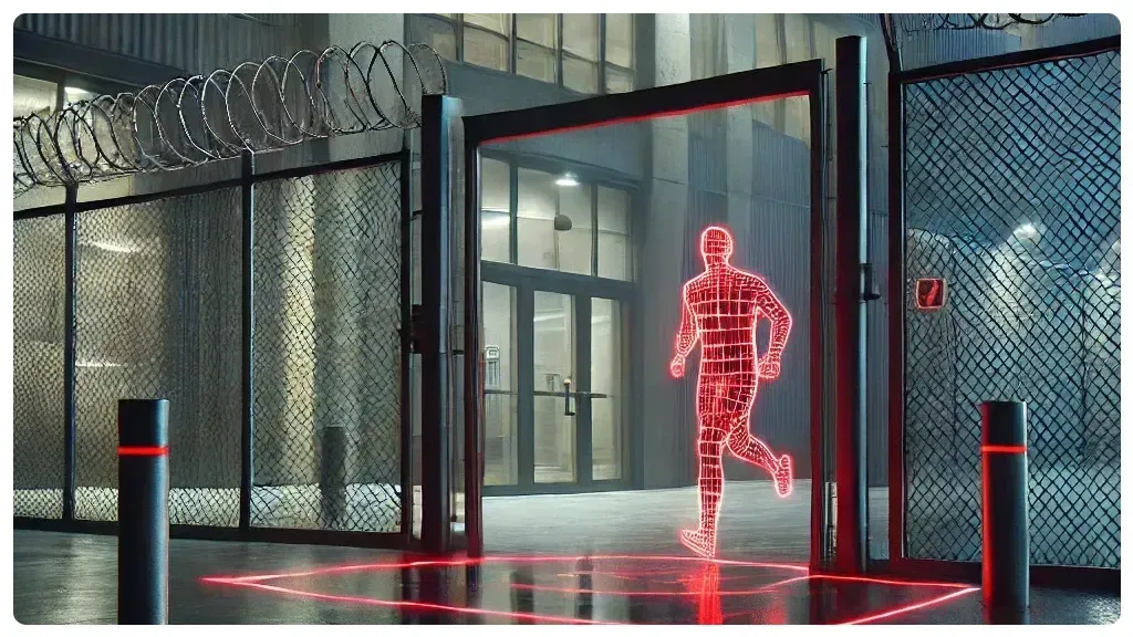An intruder entering high security premises is being identified and tracked in real time while an alarm calls security