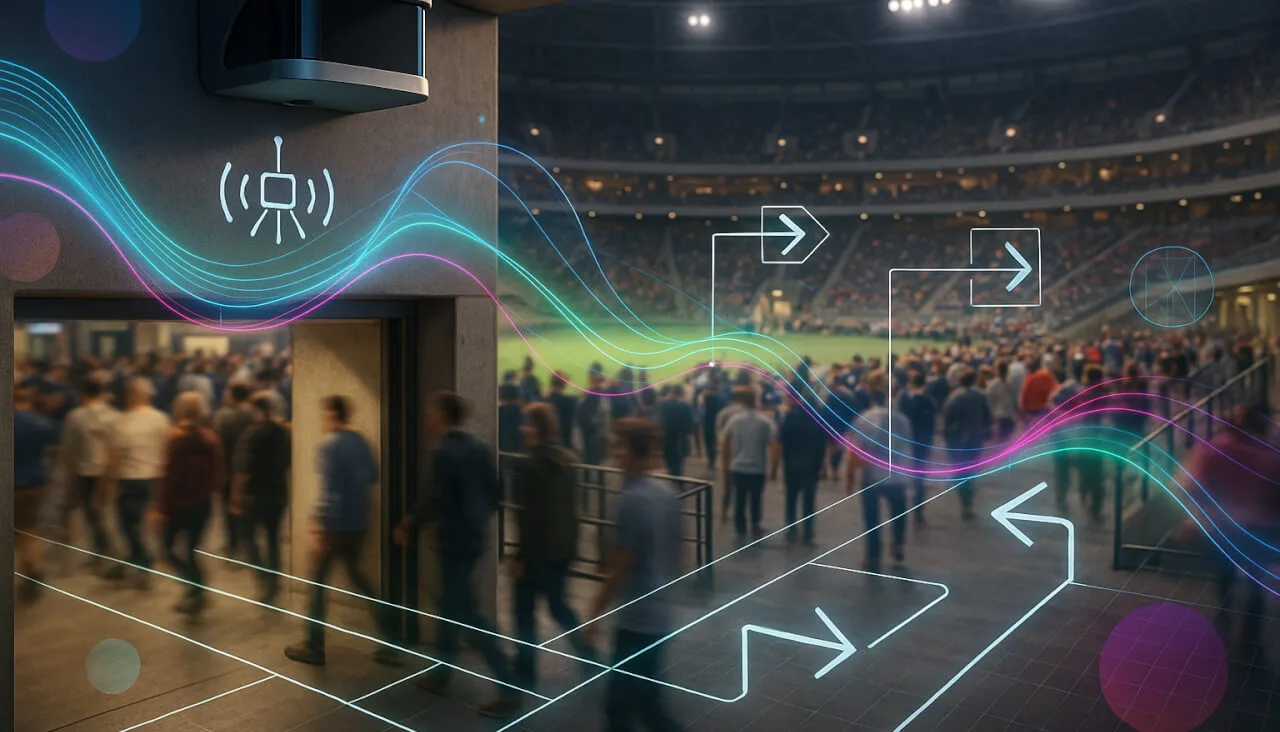 A photorealistic sports stadium interior integrates a close-up LiDAR sensor and blurred crowds.