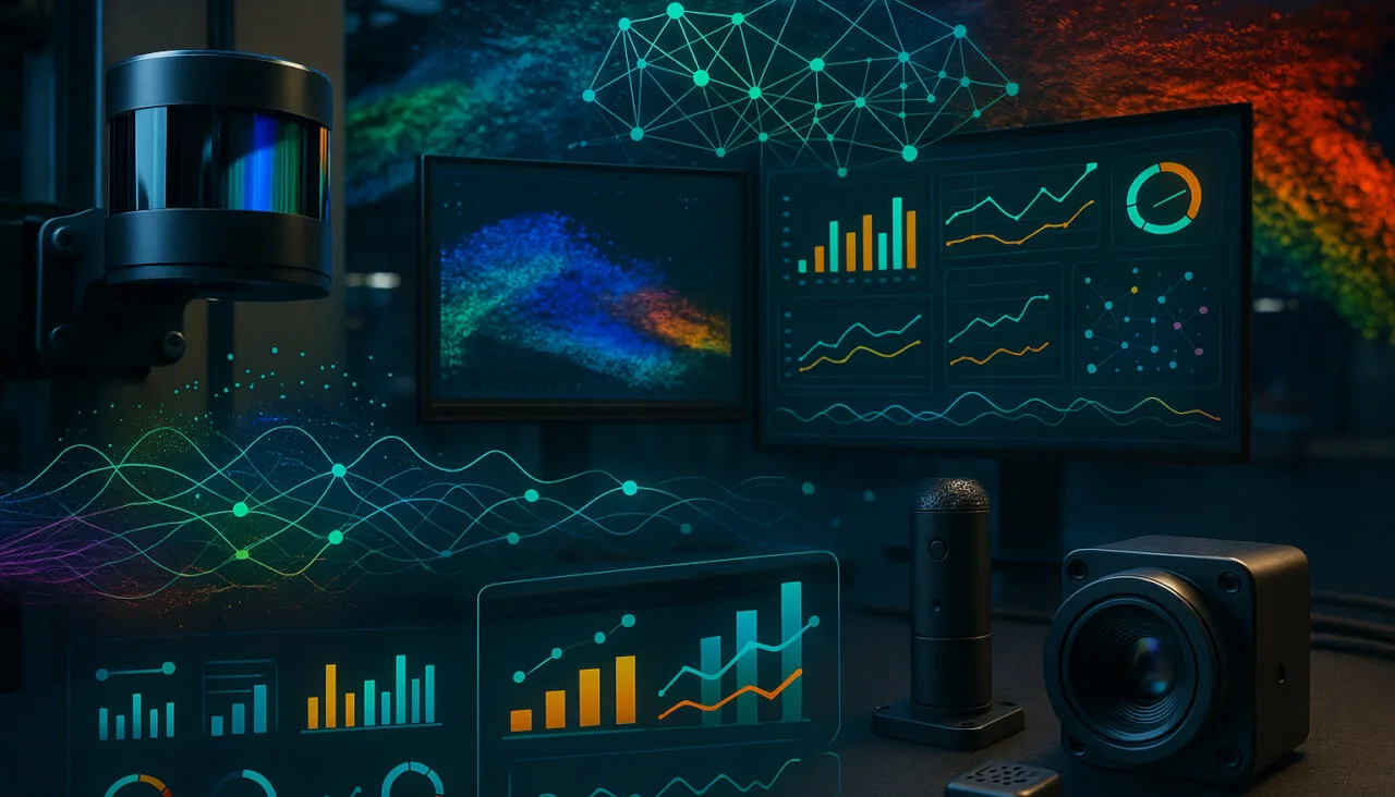 A sophisticated, realistic scene featuring real-world sensors (LiDAR, cameras, microphones...)