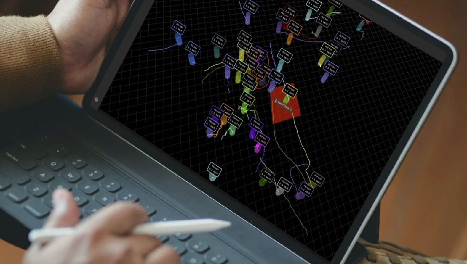 3D LiDAR point cloud flowing through a software engine, representing real-time data processing and spatial intelligence.