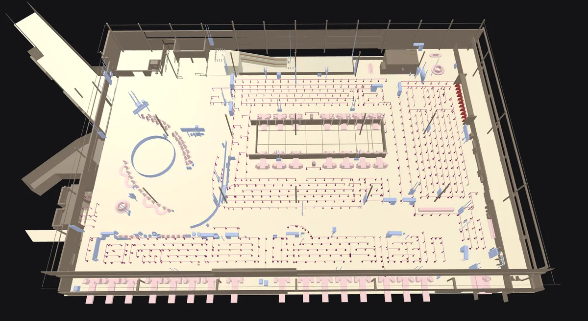 Top-down view of a finished 3D world model, the empty digital twin before movement is overlaid